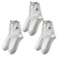 3 Pairs Knit Socks with Waffle Texture Bow Embroidery Ruffled Edge Ribbed Cuffs