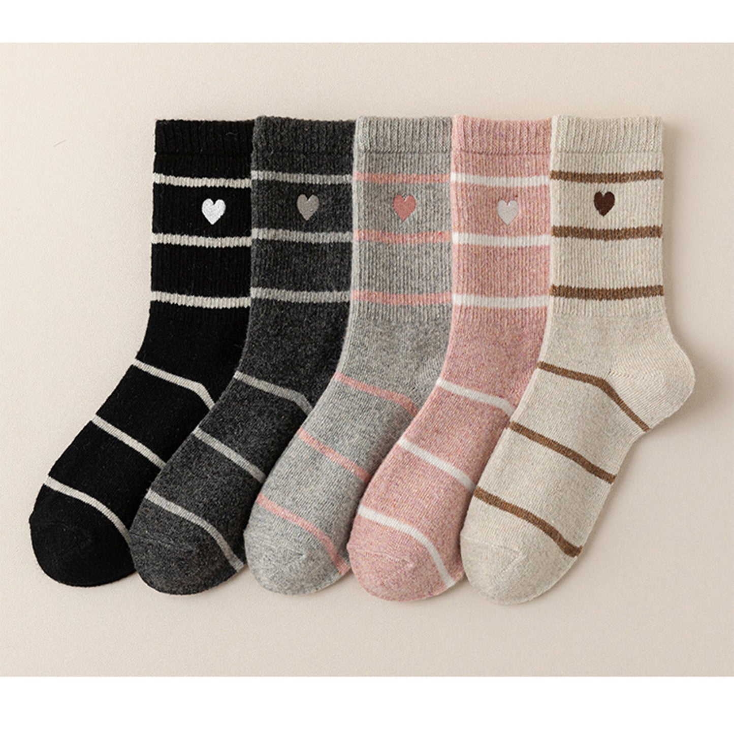 3 Pairs Knit Socks with Striped Pattern Heart Embroidery Ribbed Cuffs Soft Warm Fabric