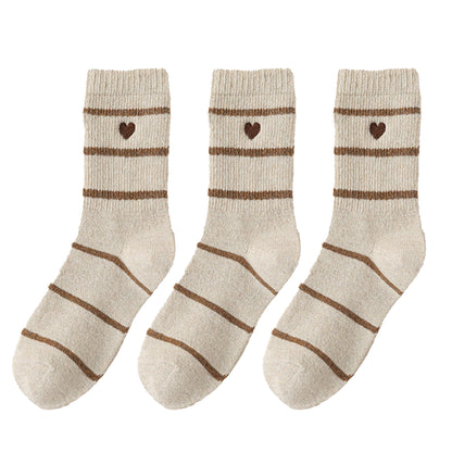 3 Pairs Knit Socks with Striped Pattern Heart Embroidery Ribbed Cuffs Soft Warm Fabric