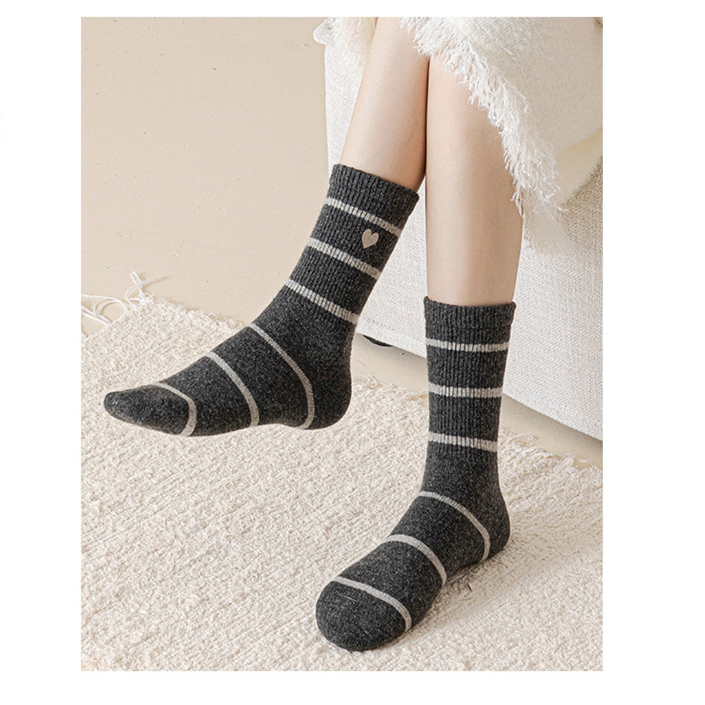3 Pairs Knit Socks with Striped Pattern Heart Embroidery Ribbed Cuffs Soft Warm Fabric