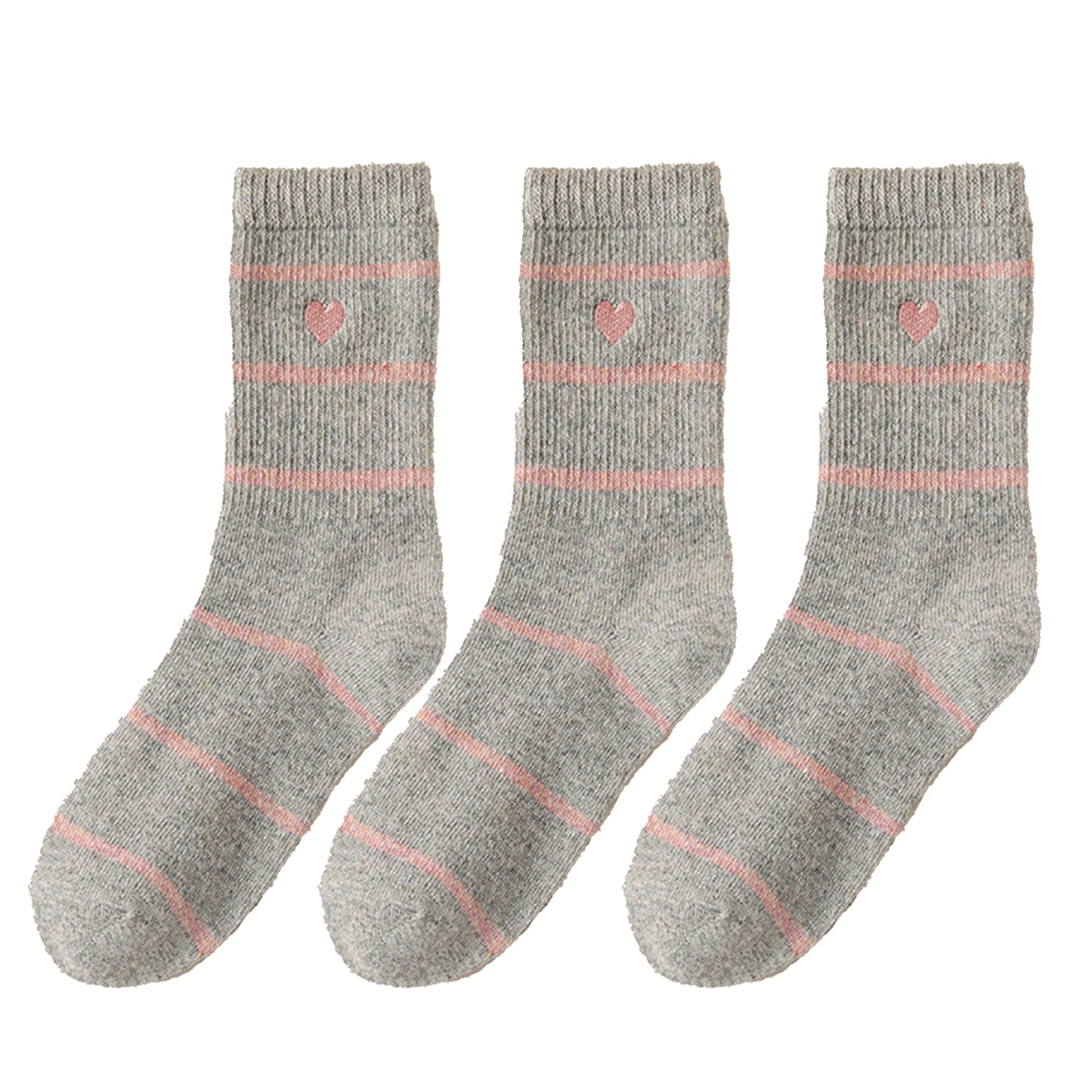 3 Pairs Knit Socks with Striped Pattern Heart Embroidery Ribbed Cuffs Soft Warm Fabric