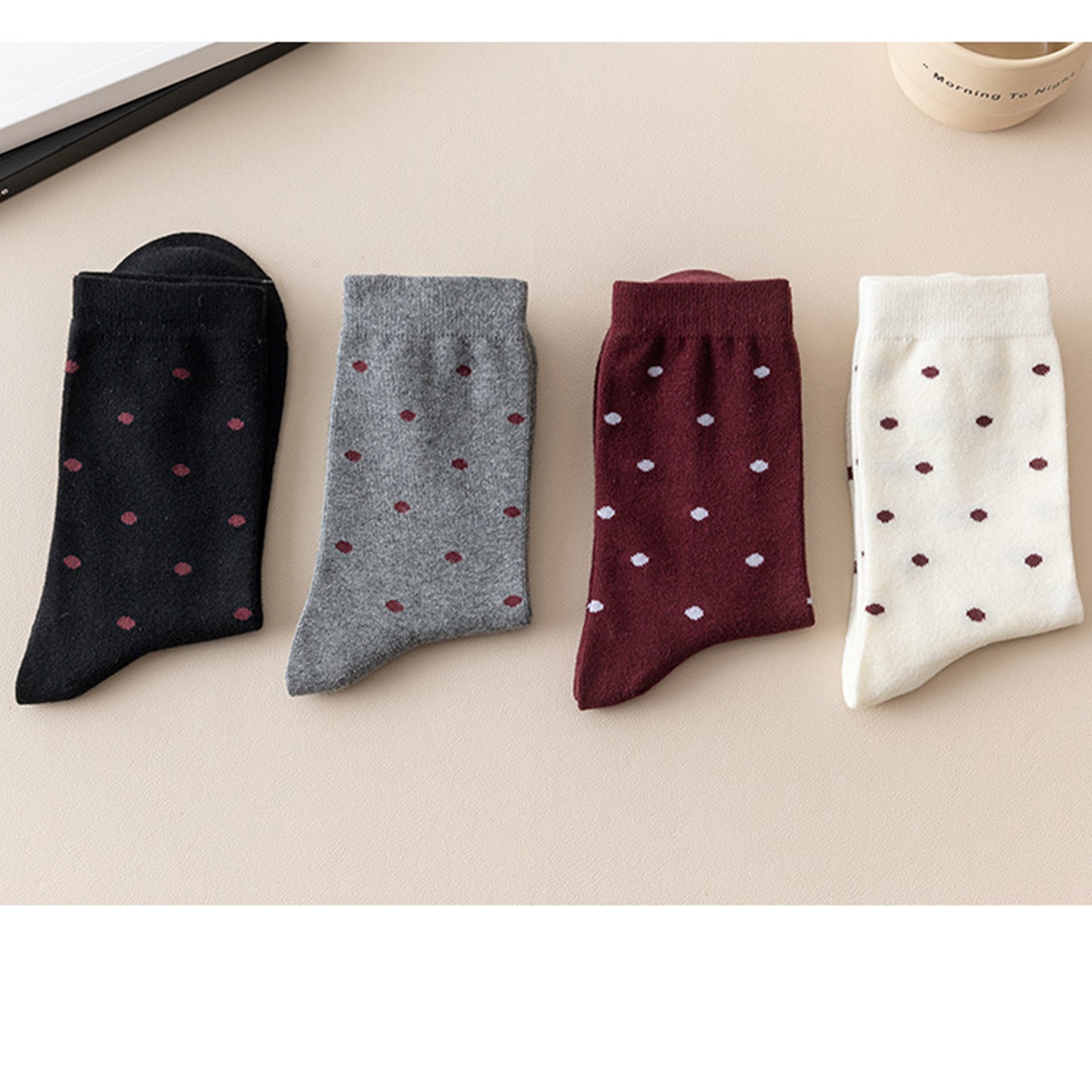 4 Pairs Knit Socks with Polka Dot Pattern Ribbed Cuffs Soft Stretch Fabric