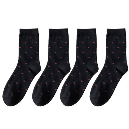 4 Pairs Knit Socks with Polka Dot Pattern Ribbed Cuffs Soft Stretch Fabric