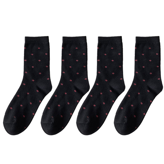 4 Pairs Knit Socks with Polka Dot Pattern Ribbed Cuffs Soft Stretch Fabric