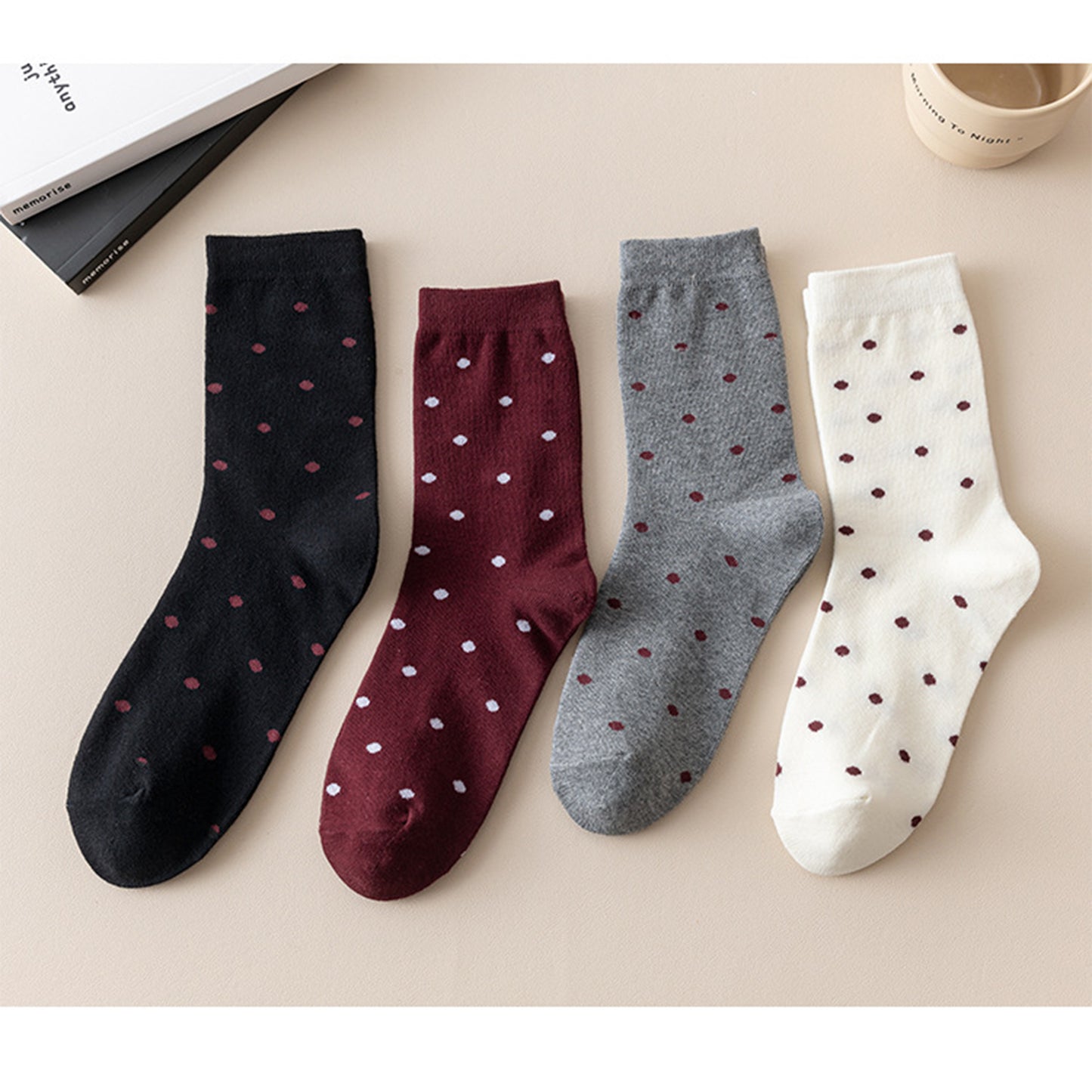4 Pairs Knit Socks with Polka Dot Pattern Ribbed Cuffs Soft Stretch Fabric