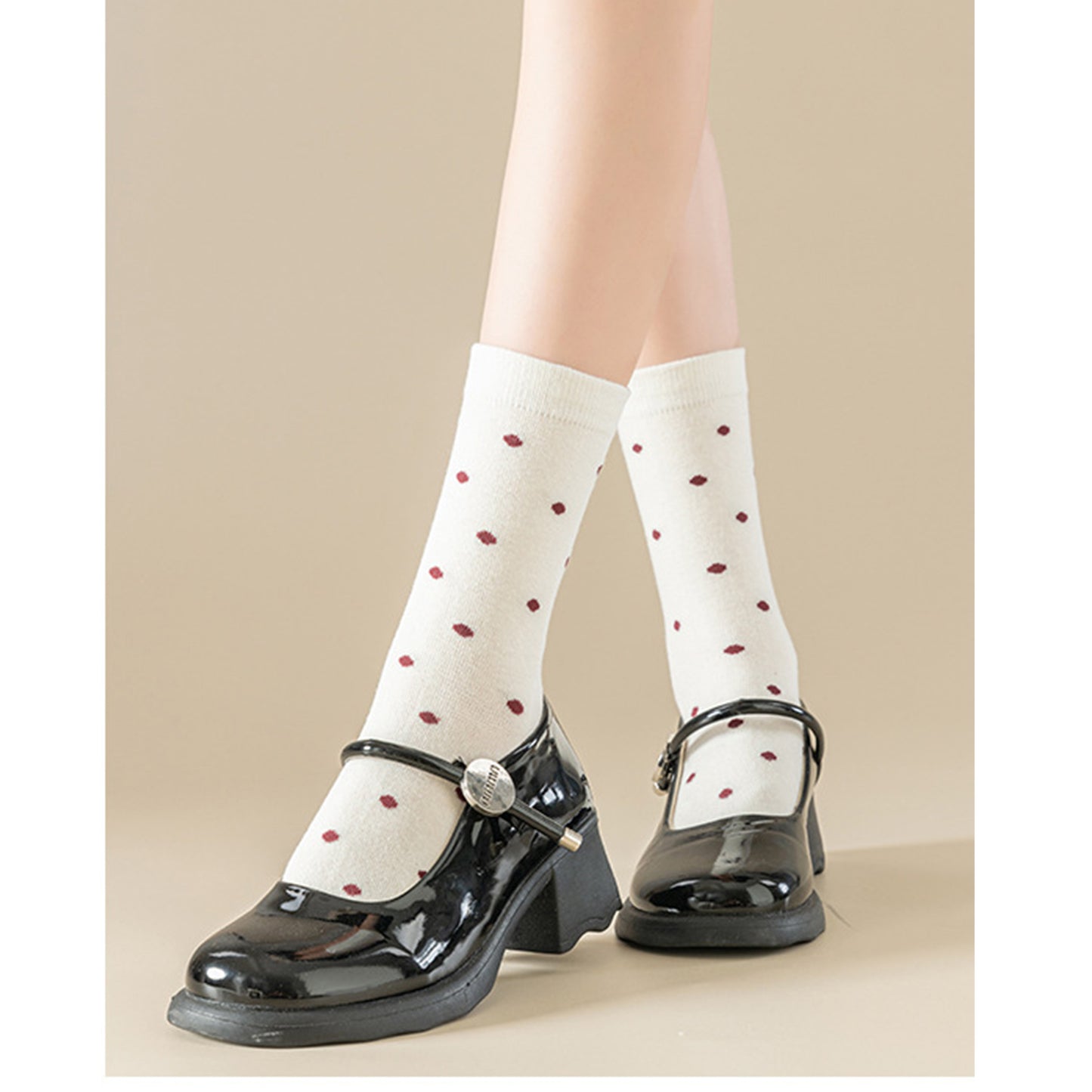 4 Pairs Knit Socks with Polka Dot Pattern Ribbed Cuffs Soft Stretch Fabric