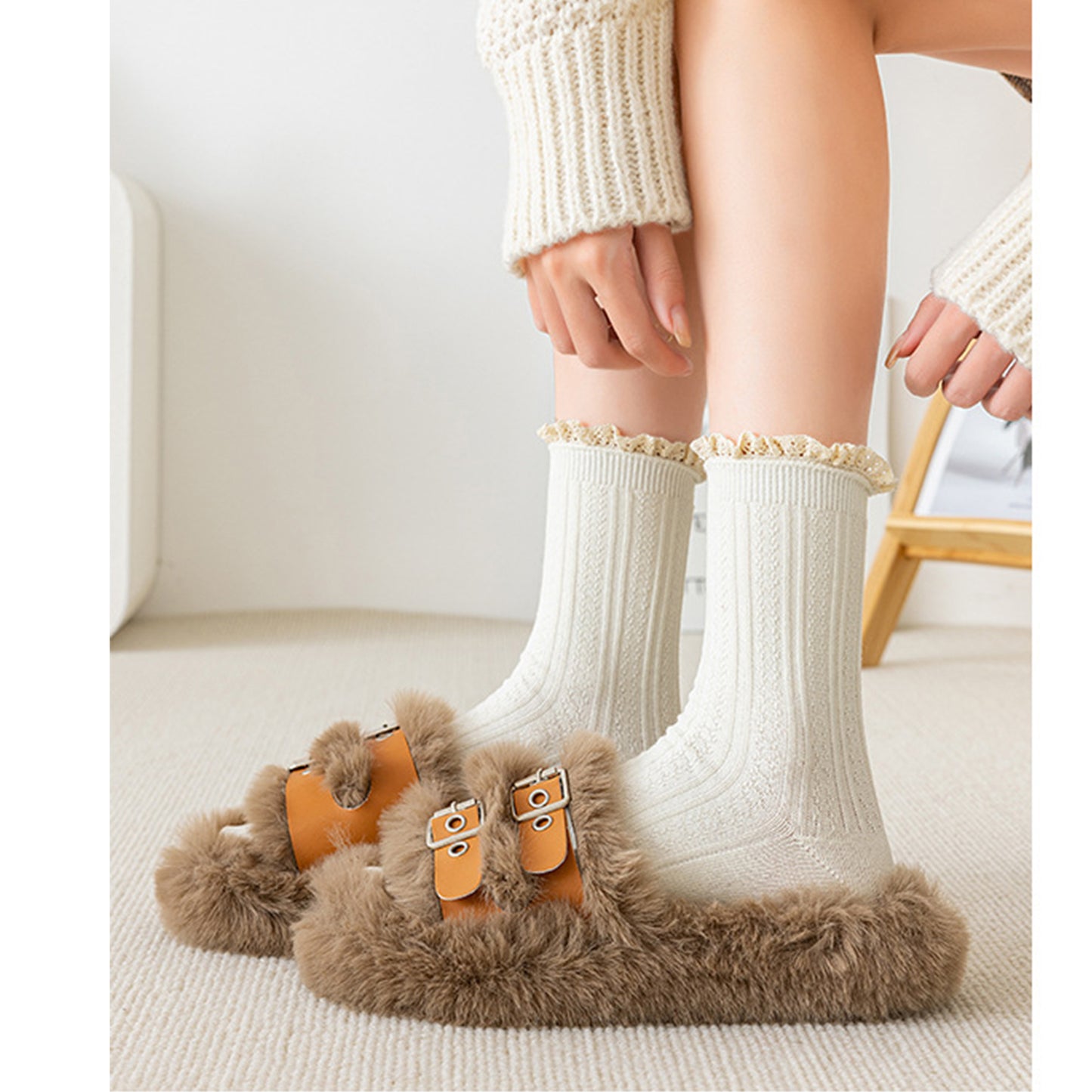 4 Pairs Knit Socks with Ribbed Texture Lace Ruffle Trim Ribbed Cuffs Soft Stretch Fabric