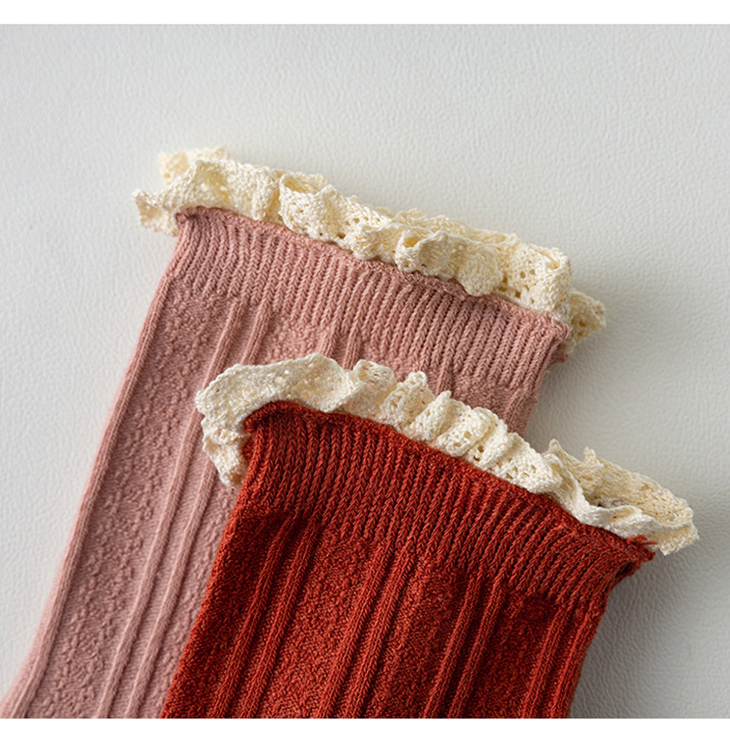 4 Pairs Knit Socks with Ribbed Texture Lace Ruffle Trim Ribbed Cuffs Soft Stretch Fabric