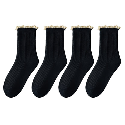 4 Pairs Knit Socks with Ribbed Texture Lace Ruffle Trim Ribbed Cuffs Soft Stretch Fabric