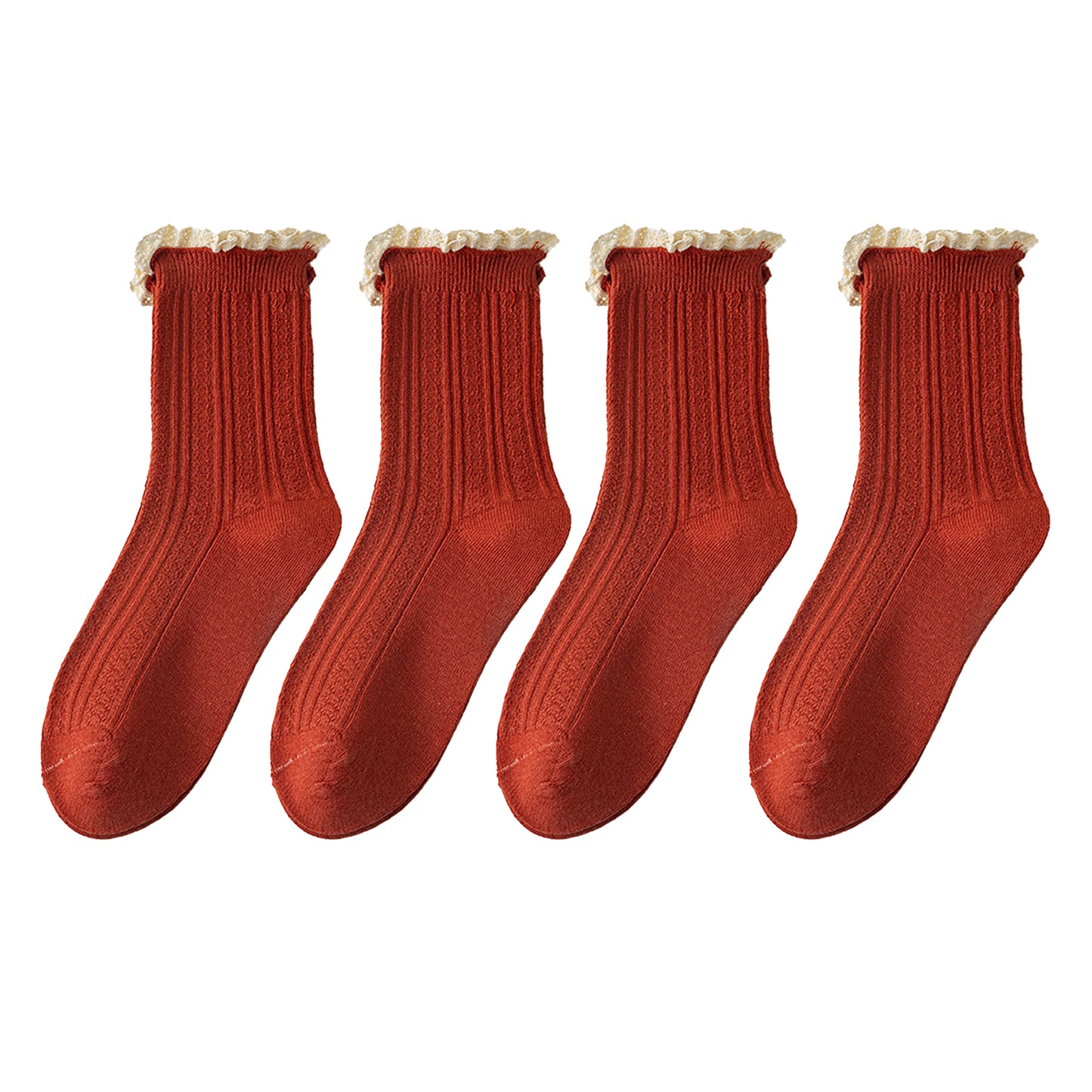 4 Pairs Knit Socks with Ribbed Texture Lace Ruffle Trim Ribbed Cuffs Soft Stretch Fabric