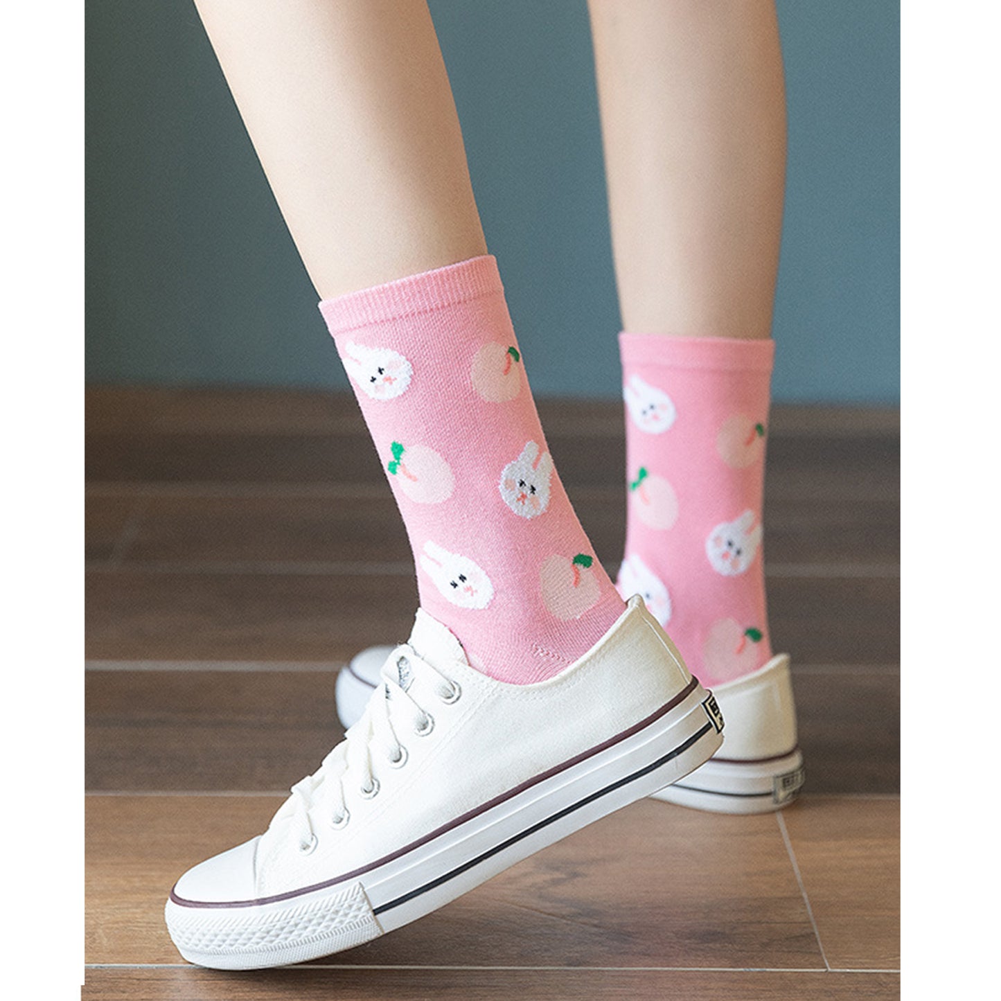 3 Pairs Knit Socks with Cute Cartoon Fruit and Animal Patterns Soft Stretch Fabric Ribbed Cuffs