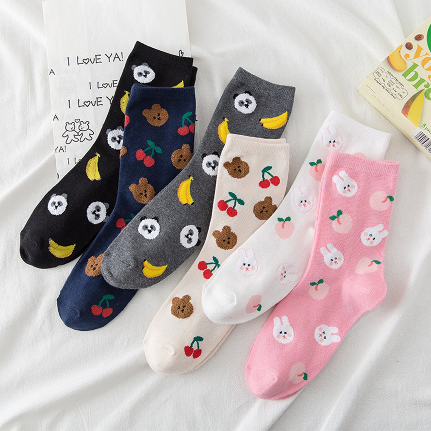 3 Pairs Knit Socks with Cute Cartoon Fruit and Animal Patterns Soft Stretch Fabric Ribbed Cuffs