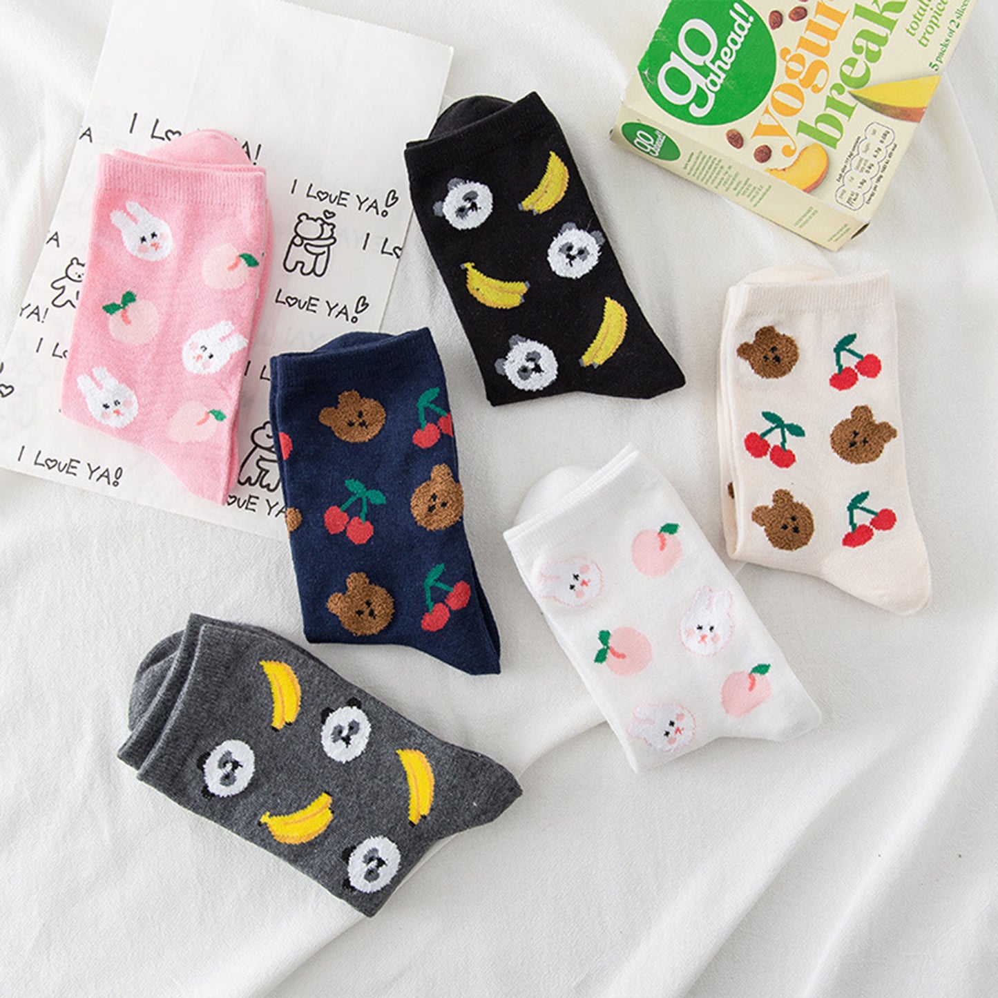 3 Pairs Knit Socks with Cute Cartoon Fruit and Animal Patterns Soft Stretch Fabric Ribbed Cuffs