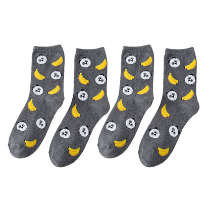 3 Pairs Knit Socks with Cute Cartoon Fruit and Animal Patterns Soft Stretch Fabric Ribbed Cuffs