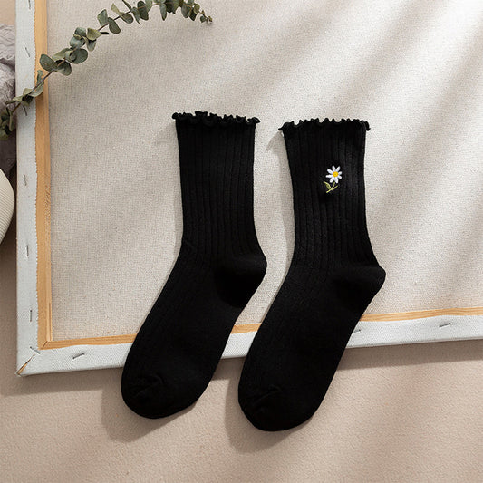 4 Pairs Ribbed Knit Socks with Daisy Embroidery Lettuce Edge Cuffs Soft Stretch Fabric