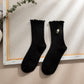 4 Pairs Ribbed Knit Socks with Daisy Embroidery Lettuce Edge Cuffs Soft Stretch Fabric