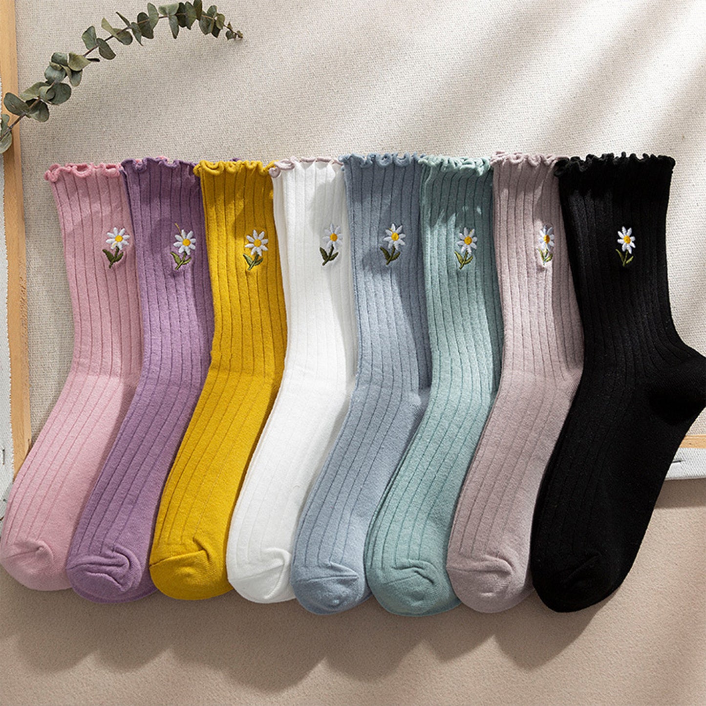 4 Pairs Ribbed Knit Socks with Daisy Embroidery Lettuce Edge Cuffs Soft Stretch Fabric