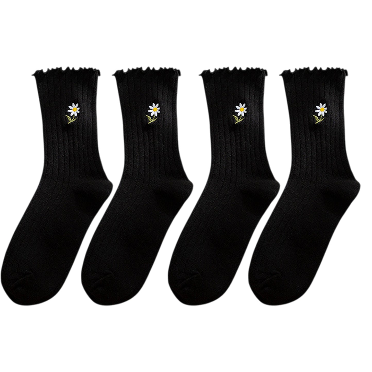4 Pairs Ribbed Knit Socks with Daisy Embroidery Lettuce Edge Cuffs Soft Stretch Fabric