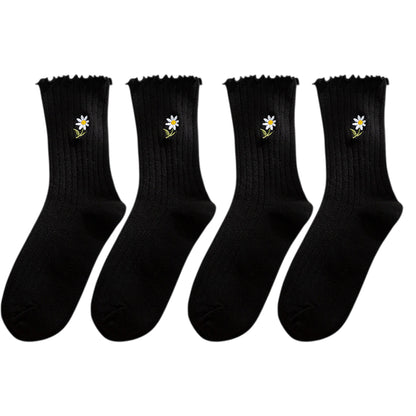 4 Pairs Ribbed Knit Socks with Daisy Embroidery Lettuce Edge Cuffs Soft Stretch Fabric