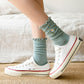4 Pairs Ribbed Knit Socks with Daisy Embroidery Lettuce Edge Cuffs Soft Stretch Fabric