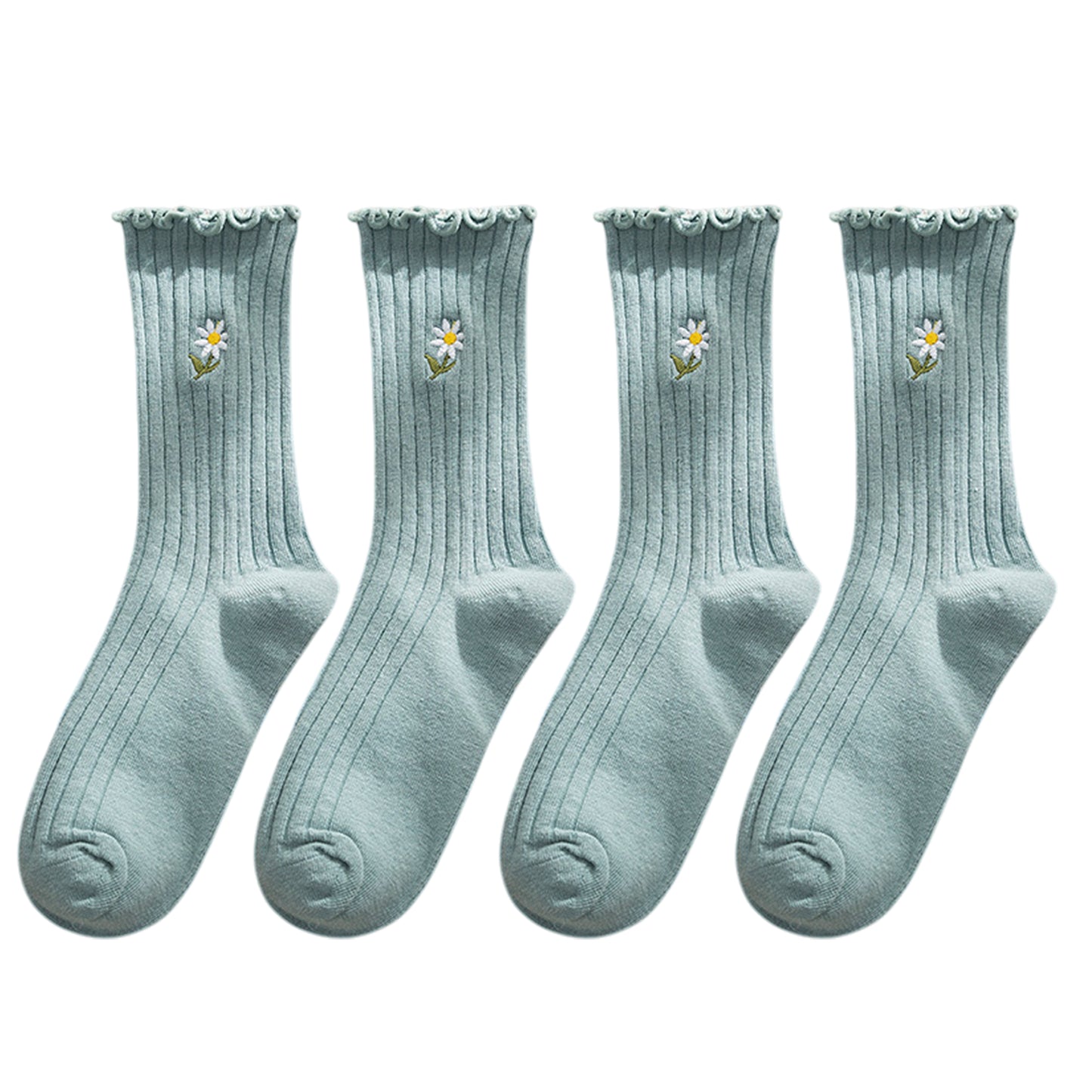 4 Pairs Ribbed Knit Socks with Daisy Embroidery Lettuce Edge Cuffs Soft Stretch Fabric
