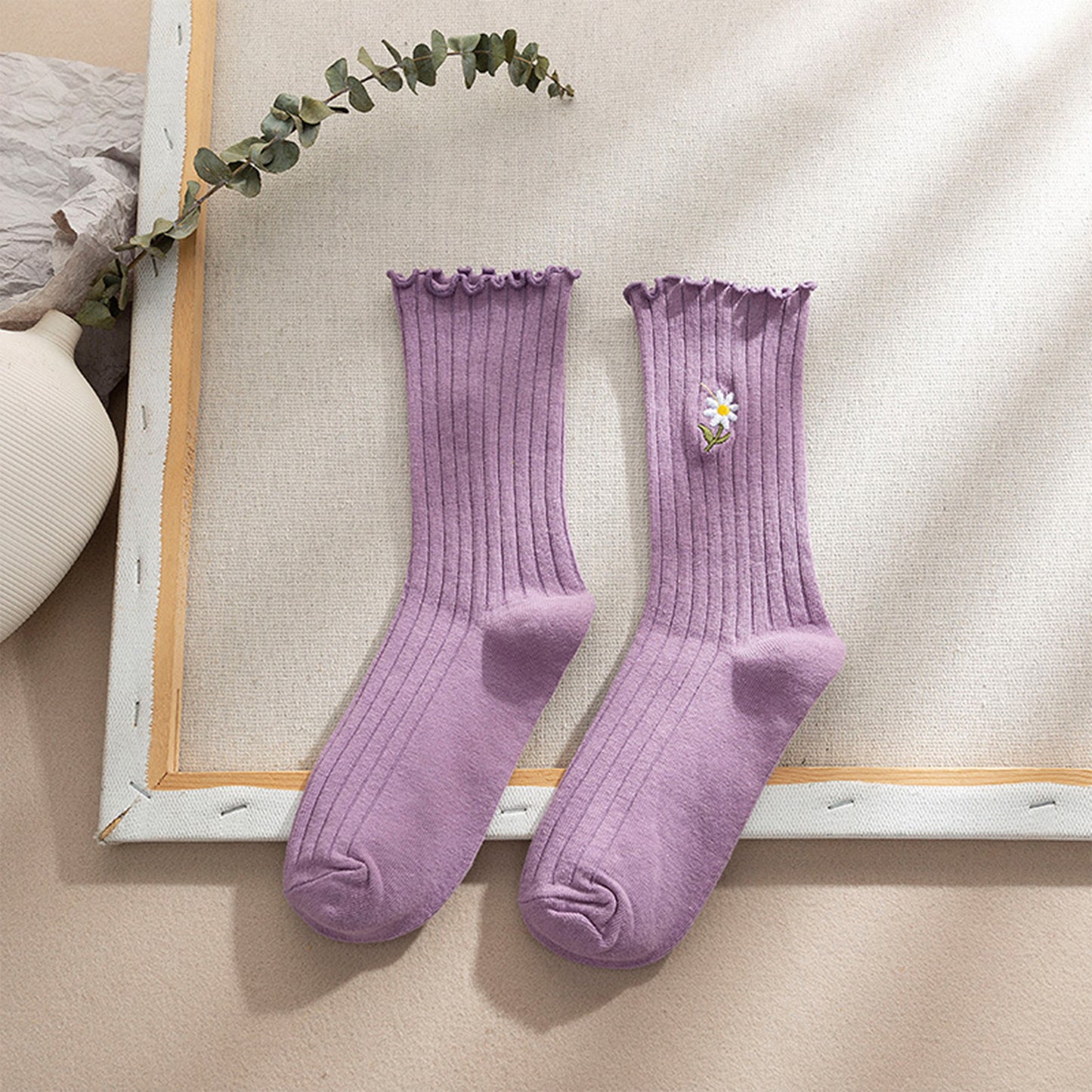 4 Pairs Ribbed Knit Socks with Daisy Embroidery Lettuce Edge Cuffs Soft Stretch Fabric