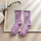 4 Pairs Ribbed Knit Socks with Daisy Embroidery Lettuce Edge Cuffs Soft Stretch Fabric