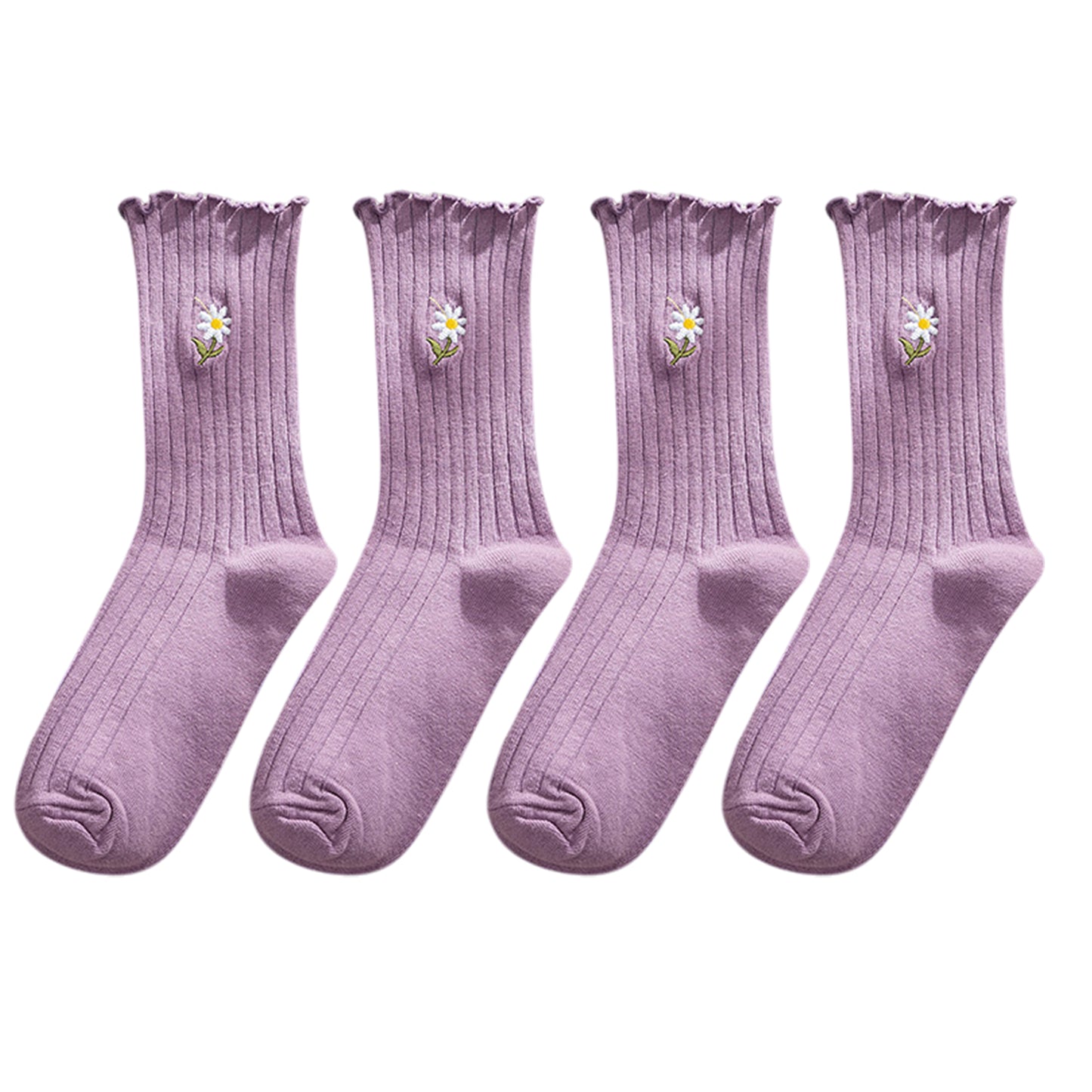 4 Pairs Ribbed Knit Socks with Daisy Embroidery Lettuce Edge Cuffs Soft Stretch Fabric
