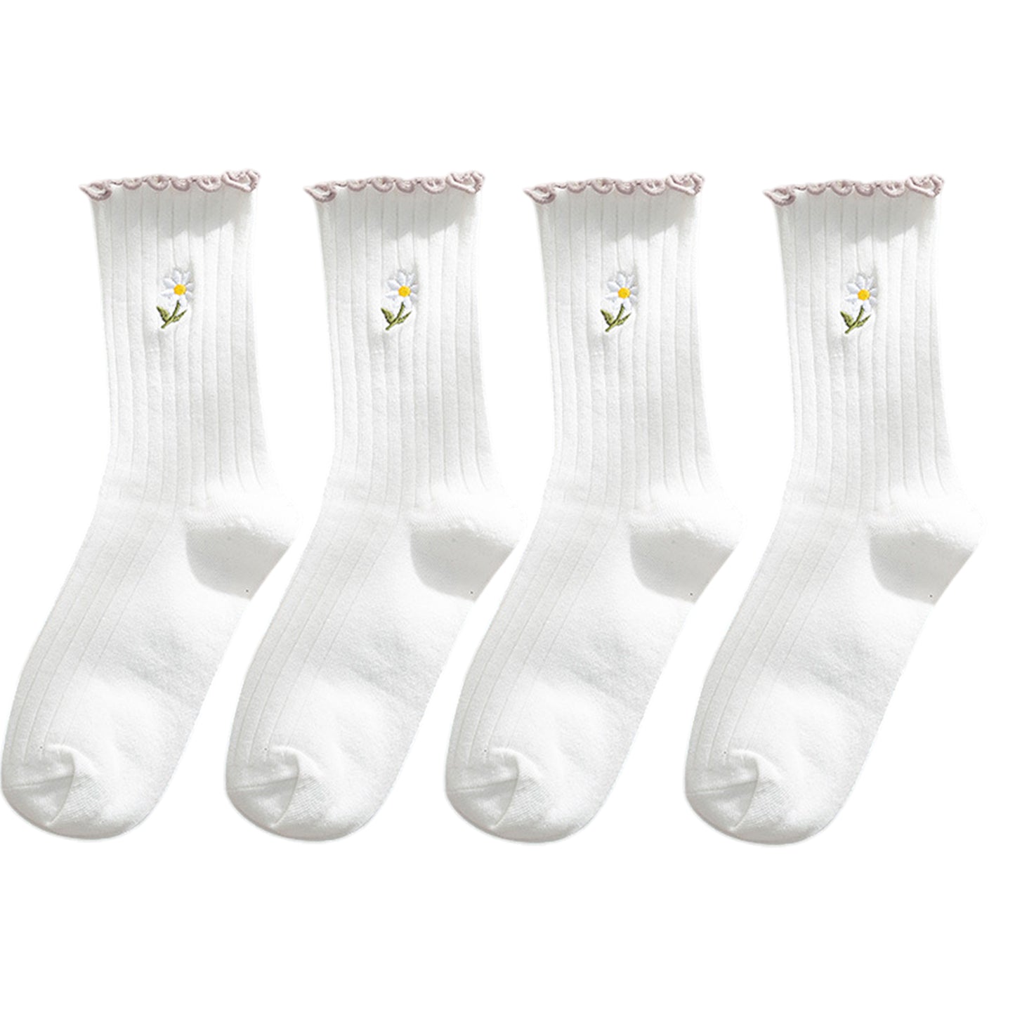 4 Pairs Ribbed Knit Socks with Daisy Embroidery Lettuce Edge Cuffs Soft Stretch Fabric