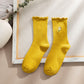 4 Pairs Ribbed Knit Socks with Daisy Embroidery Lettuce Edge Cuffs Soft Stretch Fabric