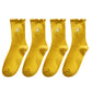 4 Pairs Ribbed Knit Socks with Daisy Embroidery Lettuce Edge Cuffs Soft Stretch Fabric