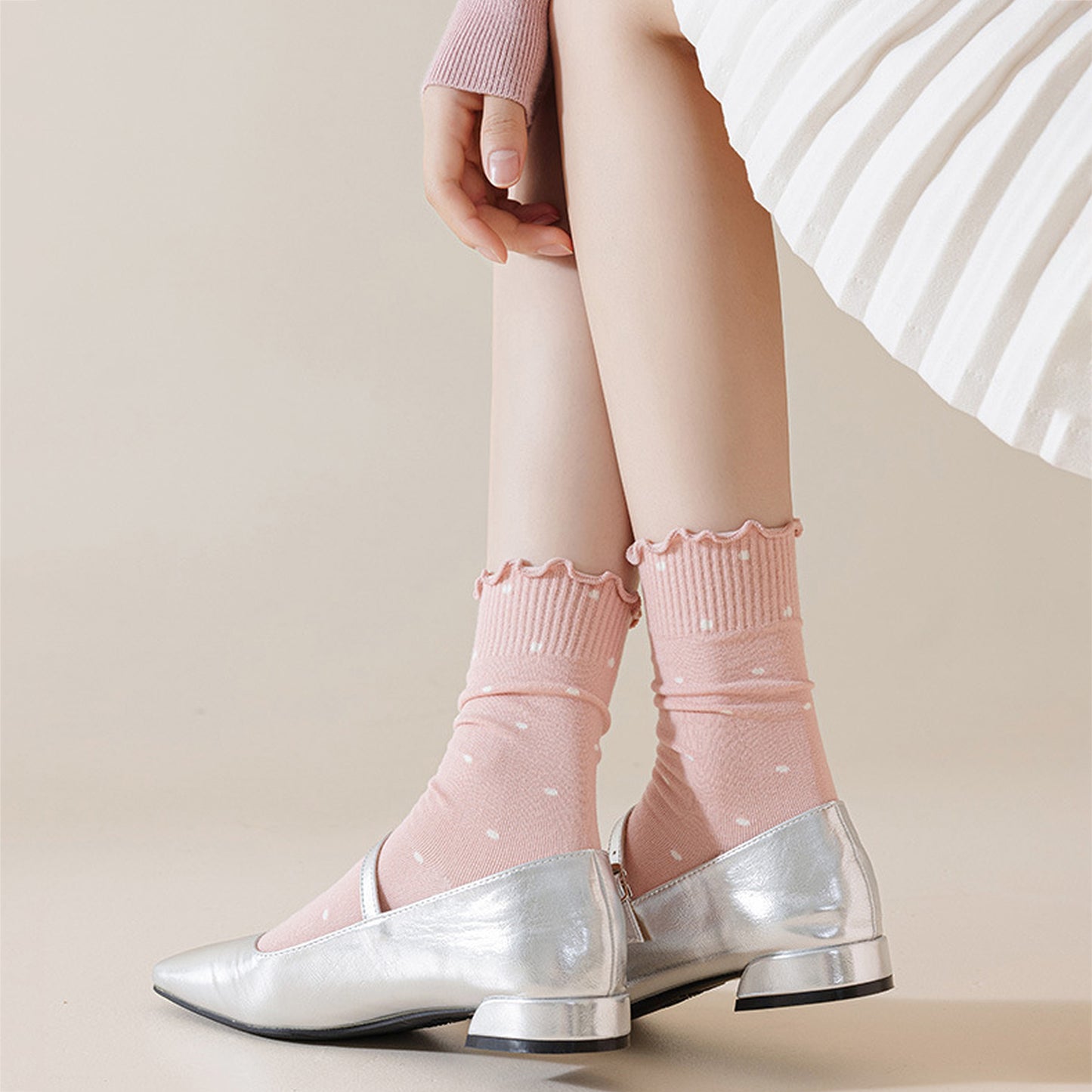 6pk Women's Polka Dot Ankle Socks with Ruffled Cuffs