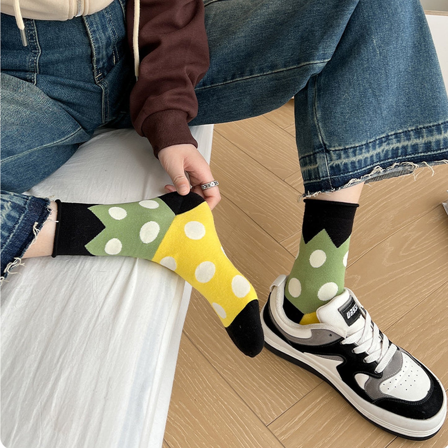 6pk Women's Color - Blocked Polka Dot Cotton Ankle Socks - Trendy Ins - Style Socks