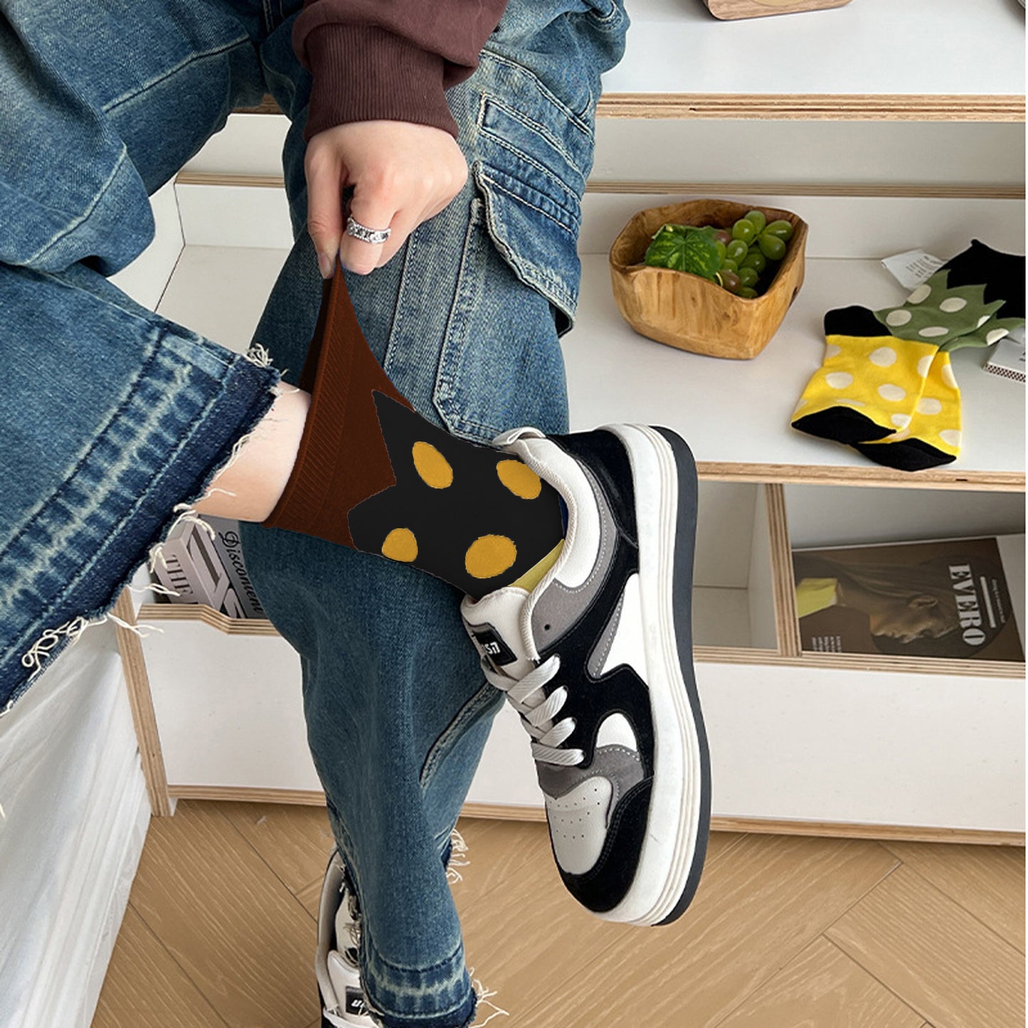 6pk Women's Color - Blocked Polka Dot Cotton Ankle Socks - Trendy Ins - Style Socks