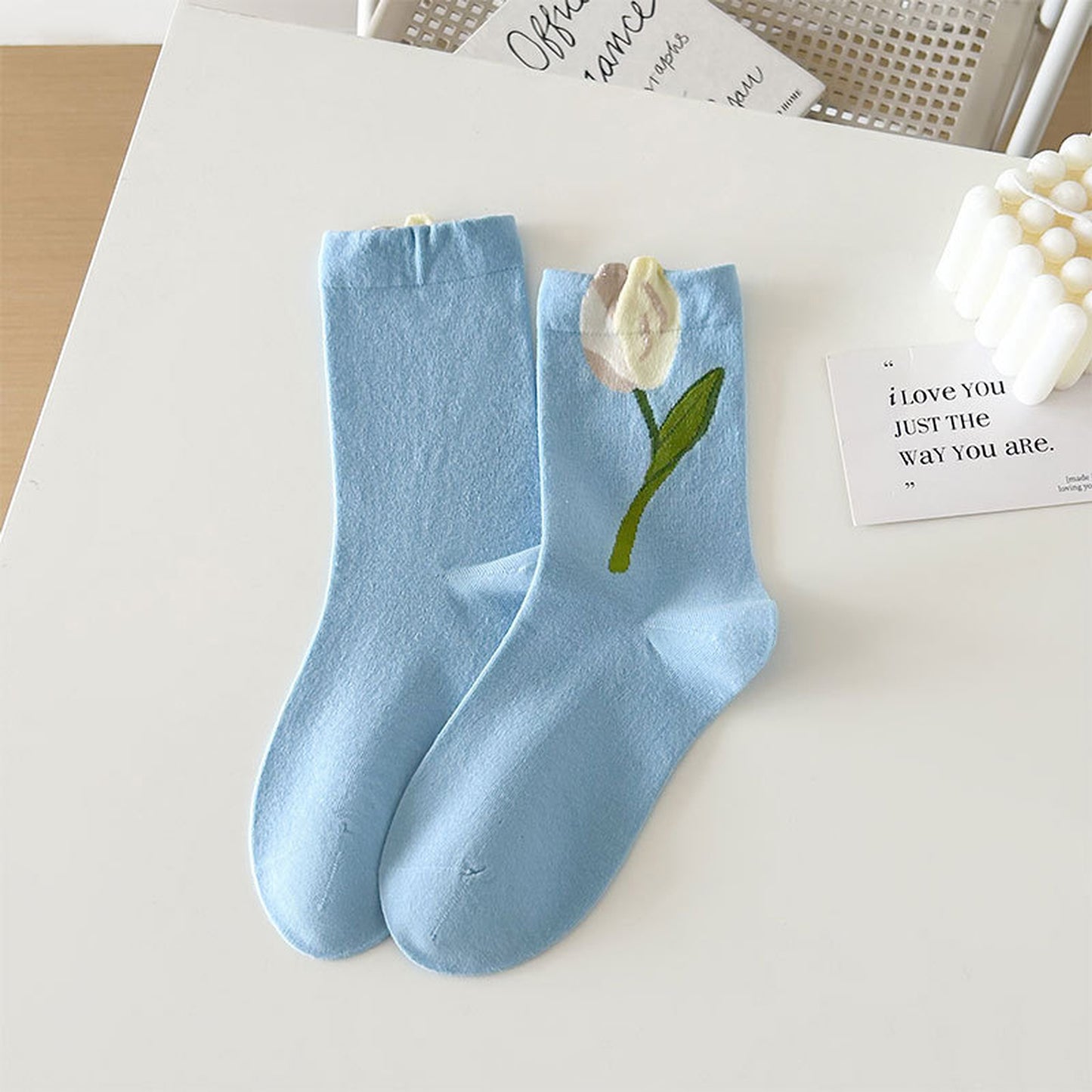 6pk Women's Ankle Socks with Tulip Embroidery