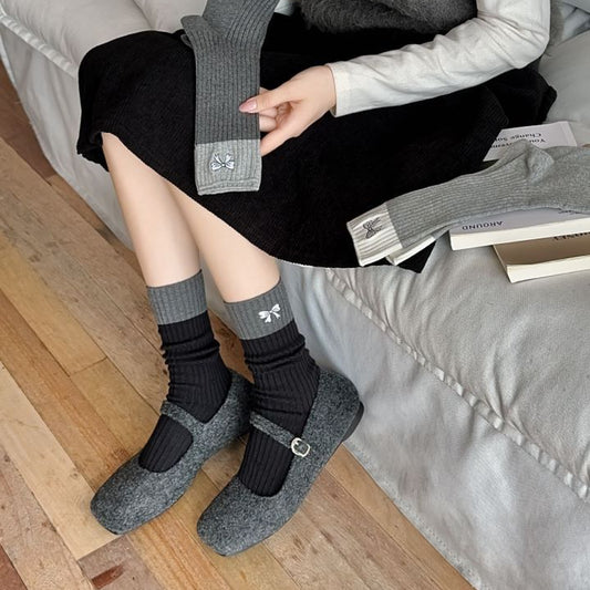 6pk Color - Block Crew Socks with Bow Embroidery