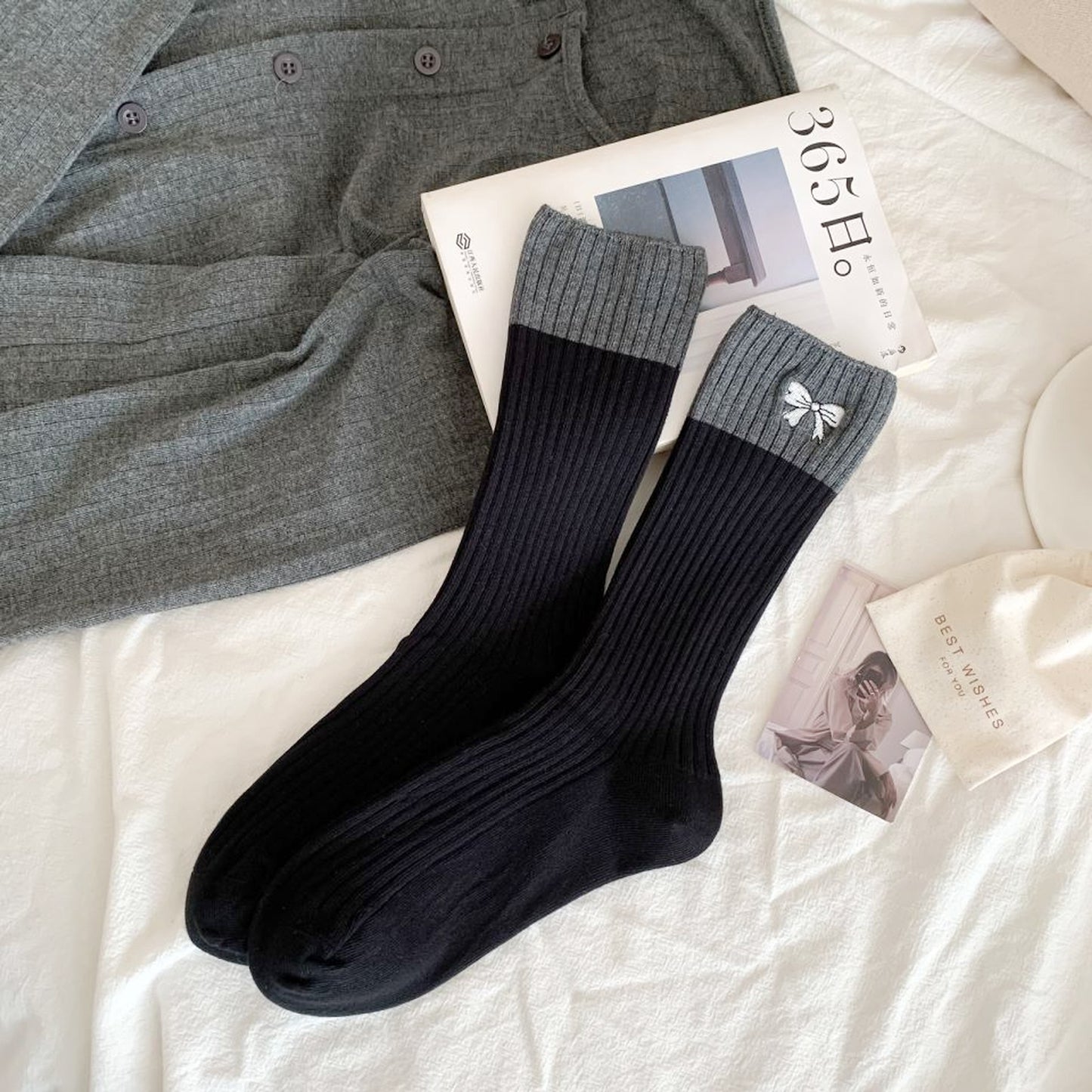 6pk Color - Block Crew Socks with Bow Embroidery