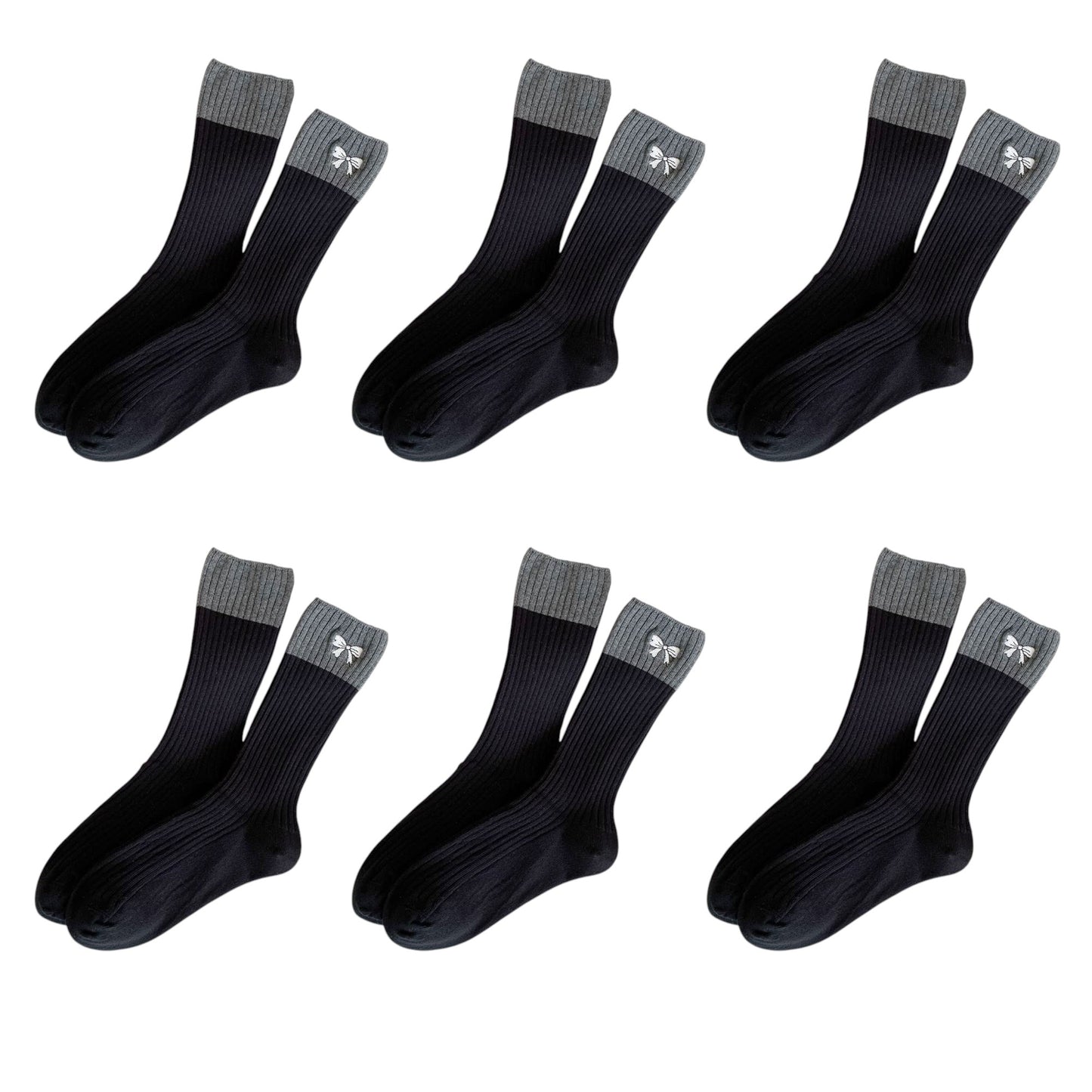 6pk Color - Block Crew Socks with Bow Embroidery