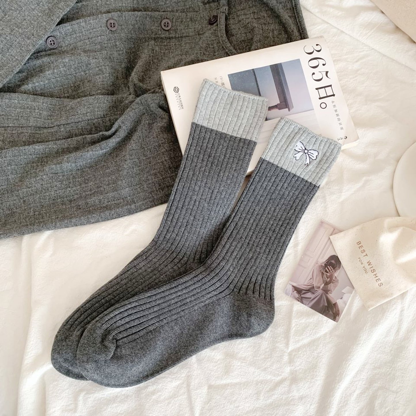 6pk Color - Block Crew Socks with Bow Embroidery