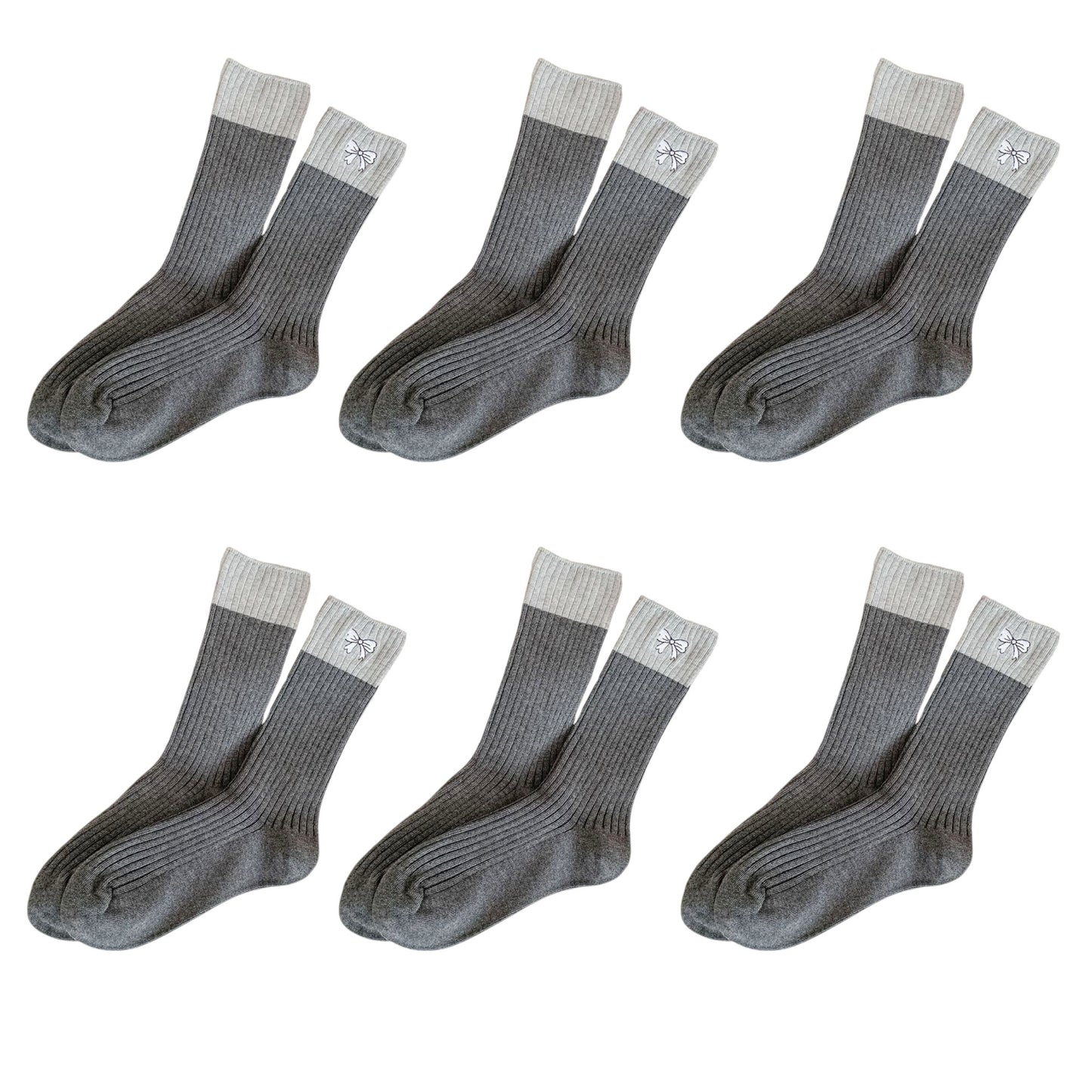 6pk Color - Block Crew Socks with Bow Embroidery