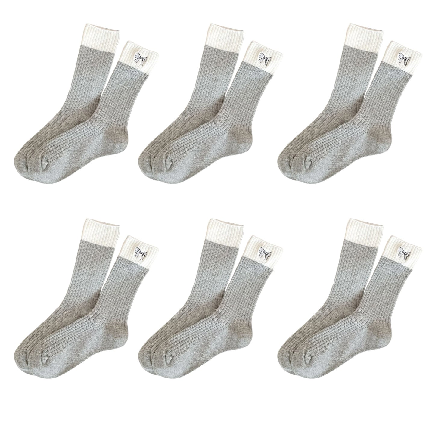 6pk Color - Block Crew Socks with Bow Embroidery