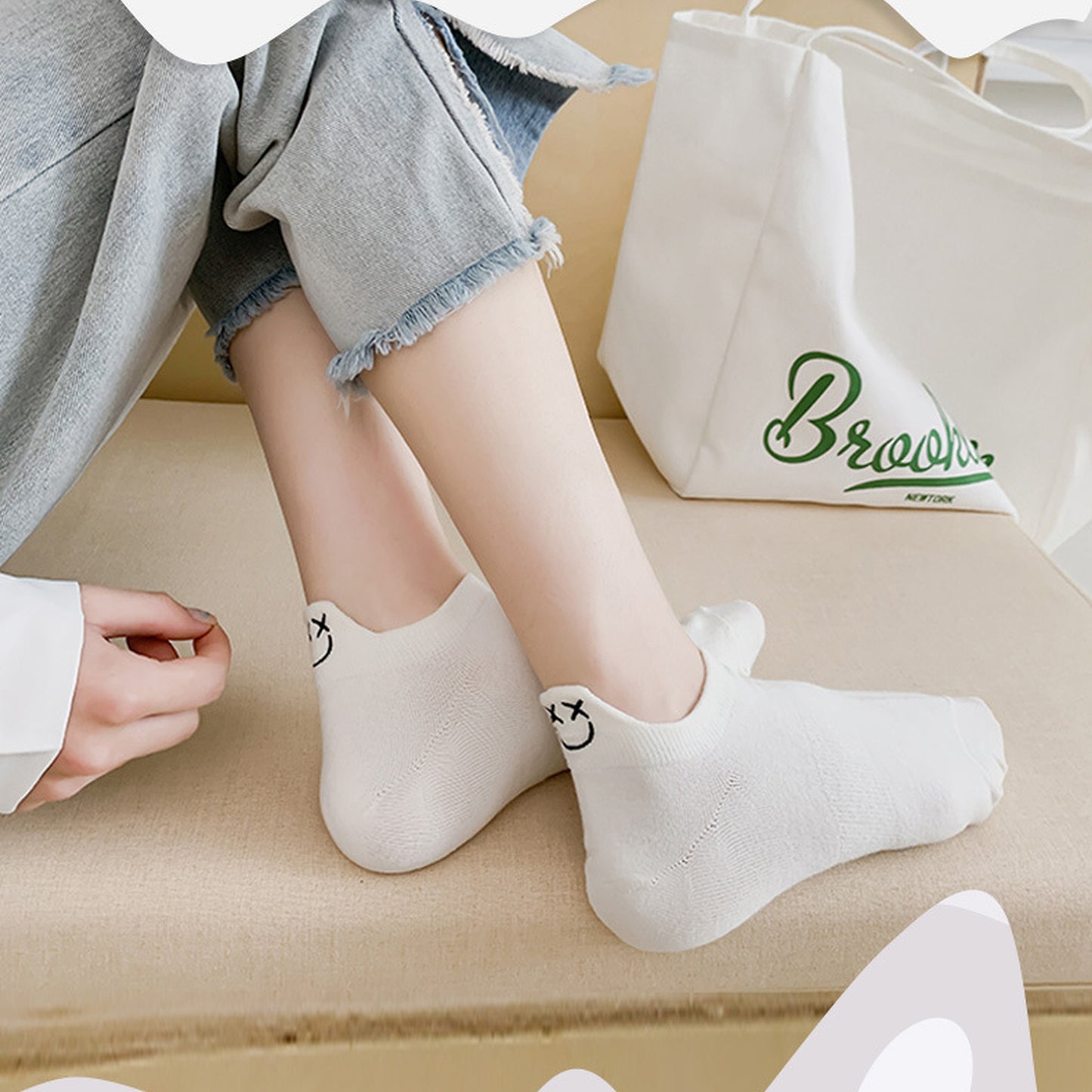 6pk Cotton White No - Show Socks with Smiley Face Embroidery