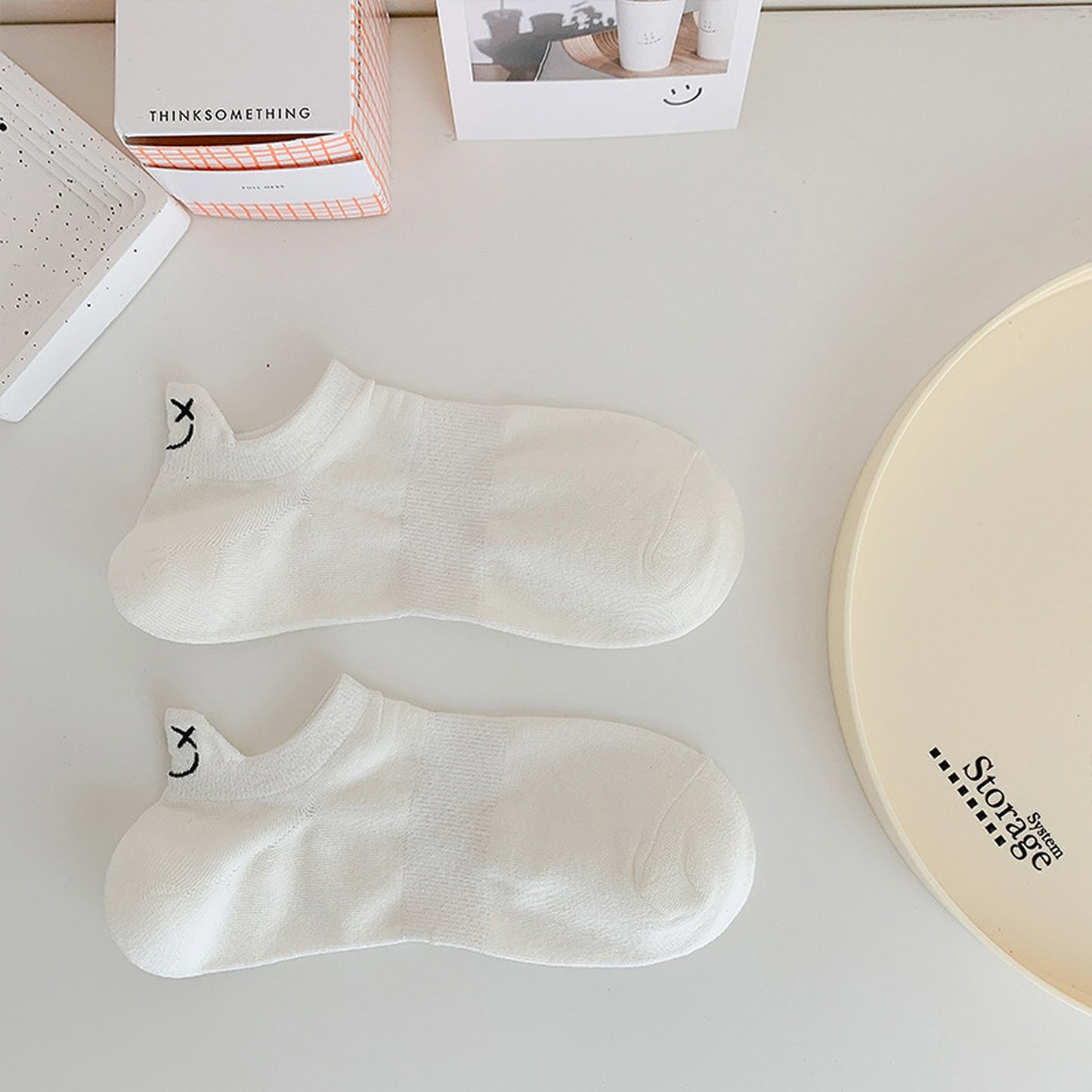 6pk Cotton White No - Show Socks with Smiley Face Embroidery