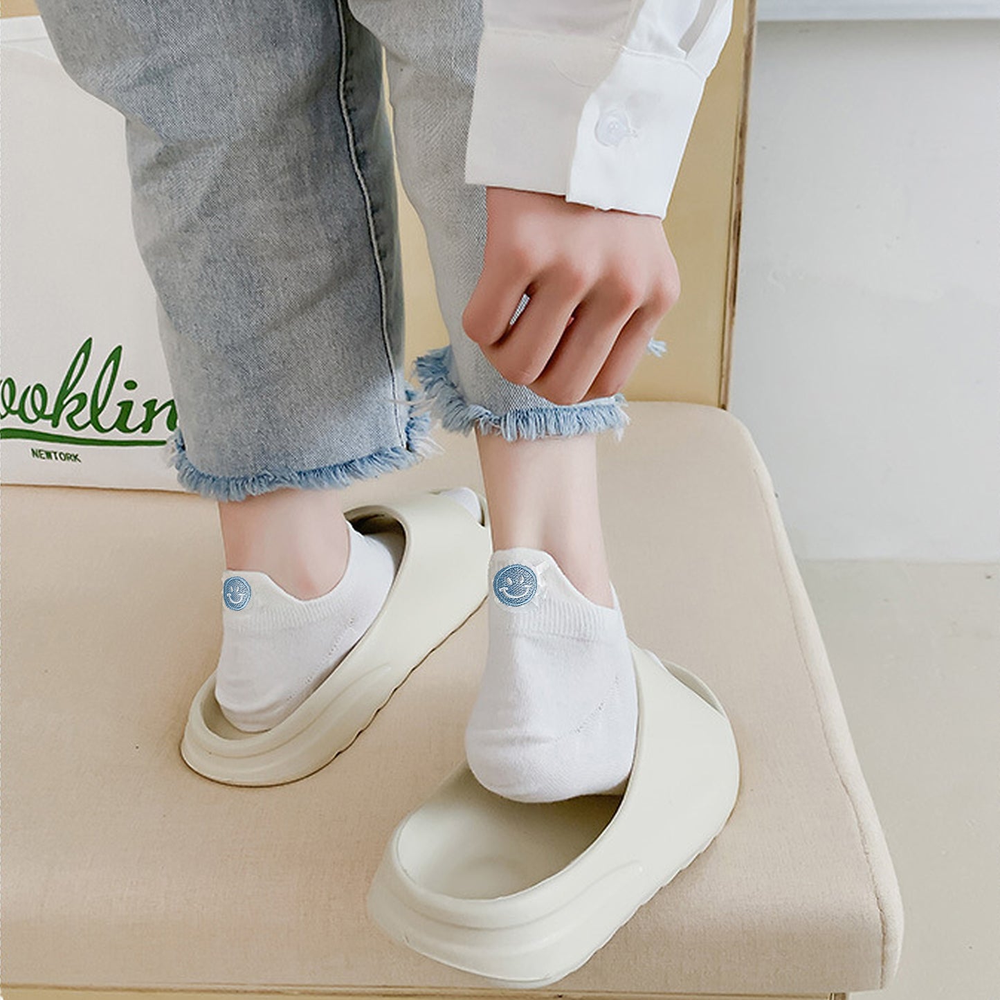 6pk Cotton White No - Show Socks with Smiley Face Embroidery