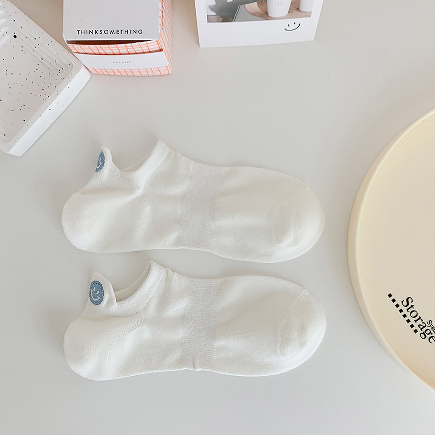 6pk Cotton White No - Show Socks with Smiley Face Embroidery