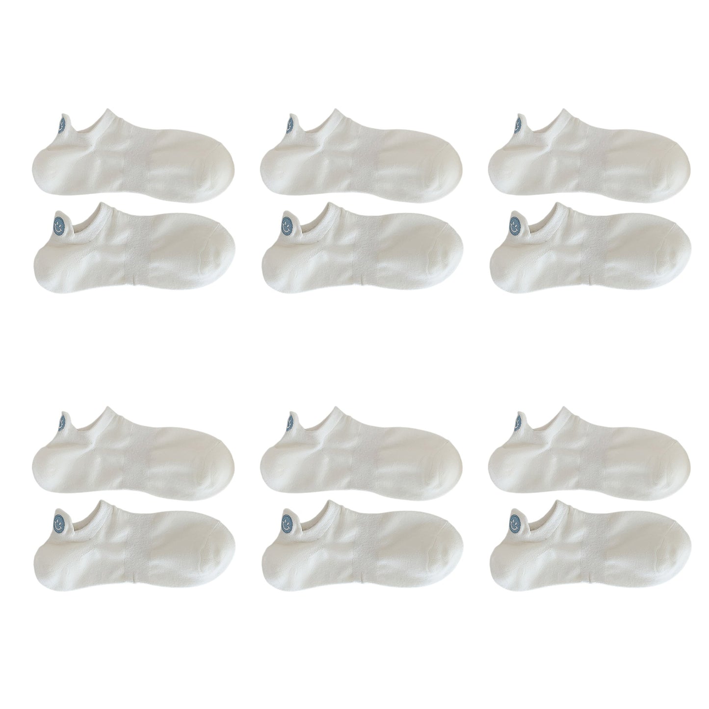 6pk Cotton White No - Show Socks with Smiley Face Embroidery