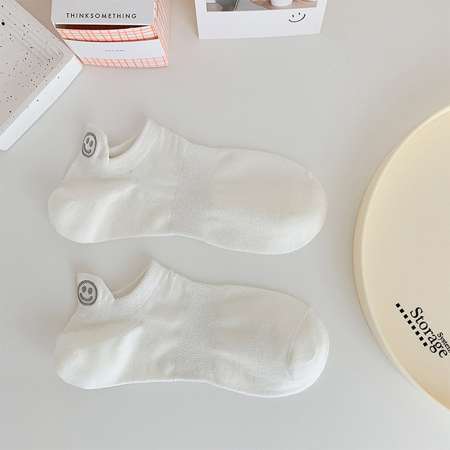 6pk Cotton White No - Show Socks with Smiley Face Embroidery