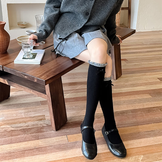 6pk Knee - High Socks with Bow and Patterned Cuff