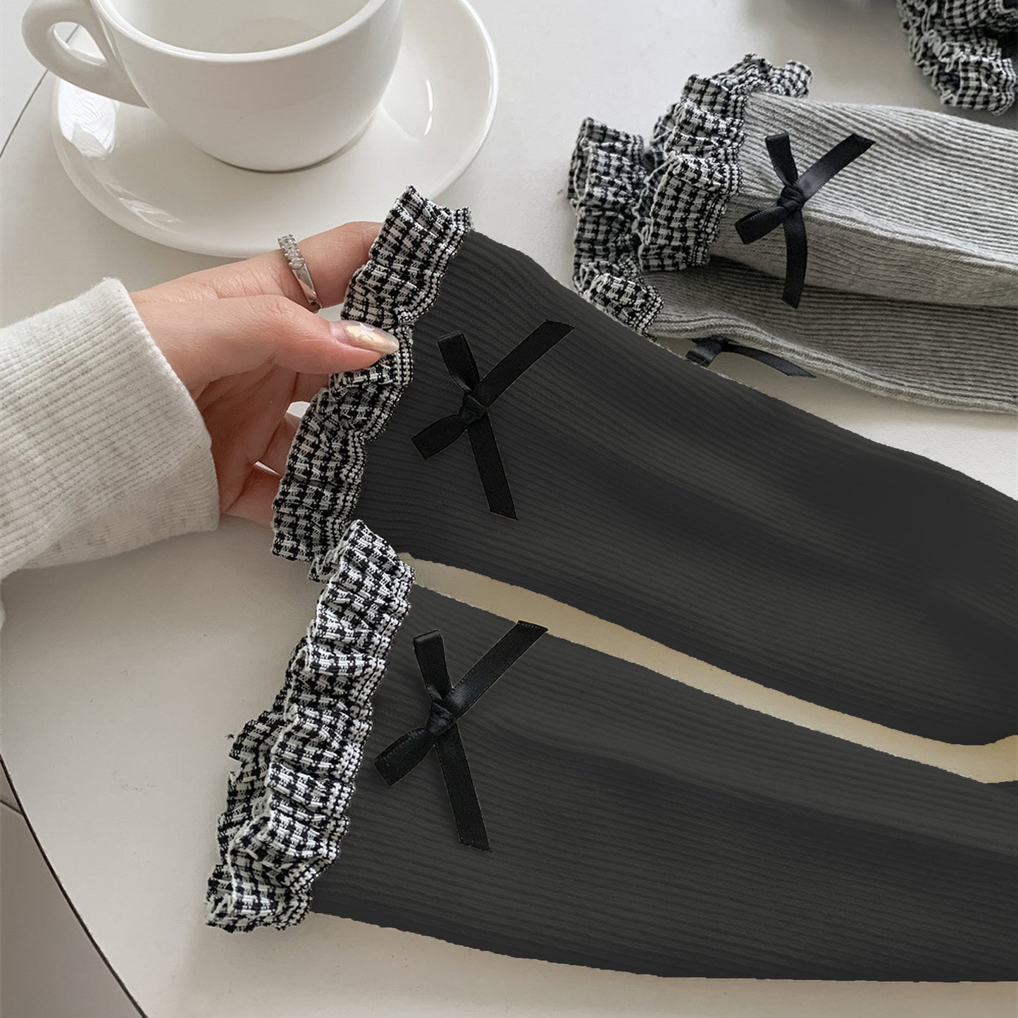 6pk Knee - High Socks with Bow and Patterned Cuff