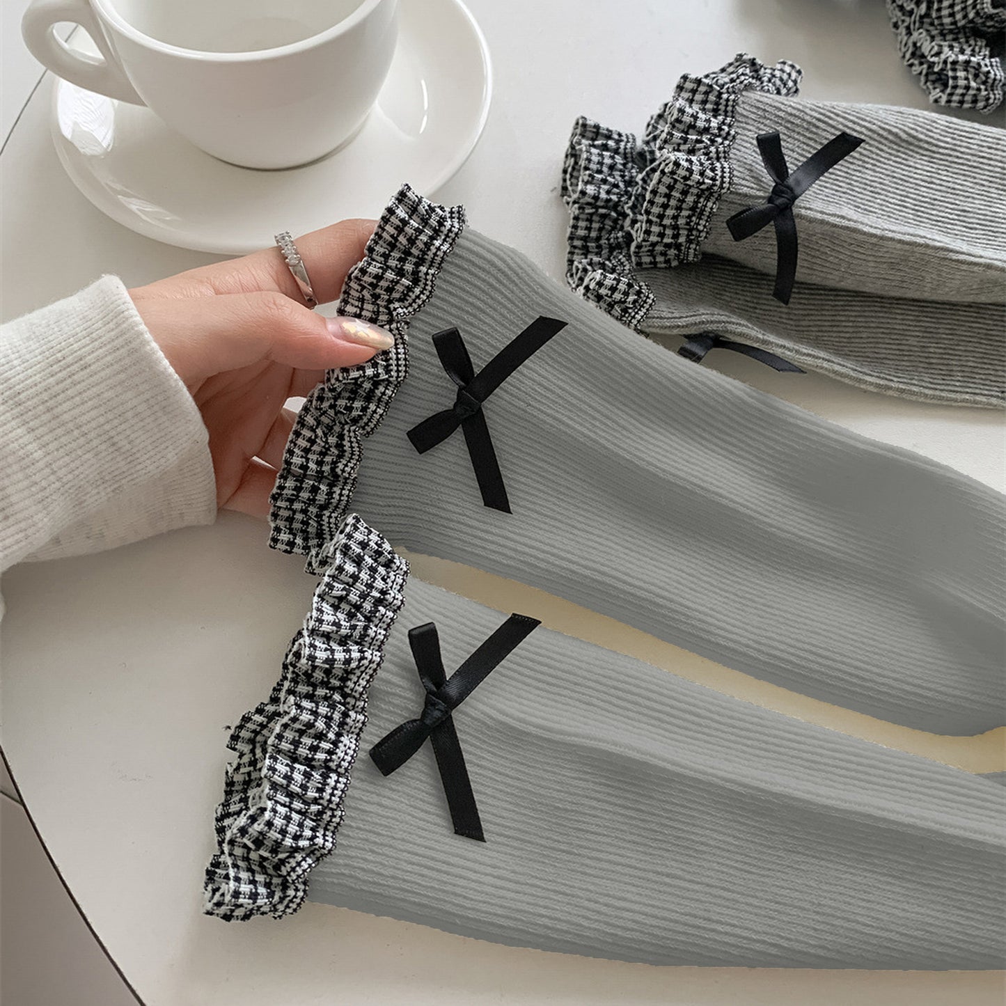 6pk Knee - High Socks with Bow and Patterned Cuff